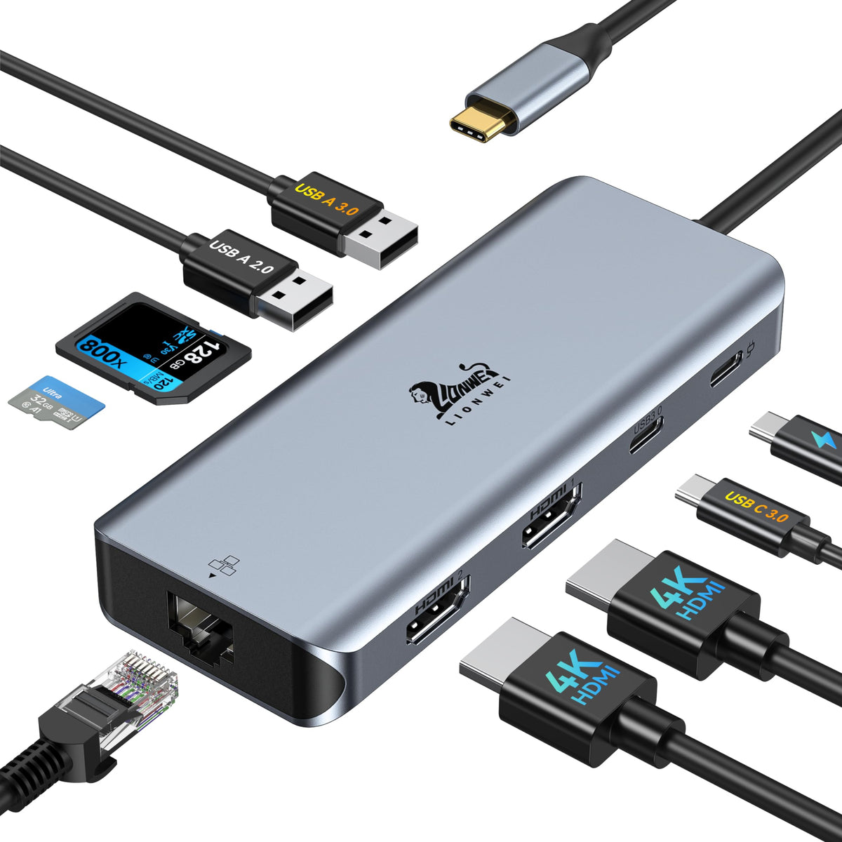 LIONWEI 9 in 1 Laptop USB C Docking Station Dual HDMI 100W PD USB C 3.0 Ethernet Audio/Mic USB C Hub for Dell/Surface/HP/Lenovo Laptops