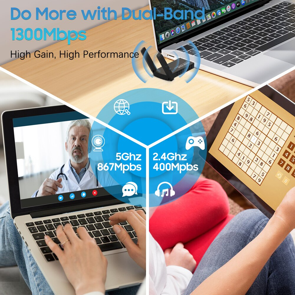 USB 3.0 Wireless WIFI Adapter 1300Mbps Long Range Dongle Dual Band 5Ghz Network
